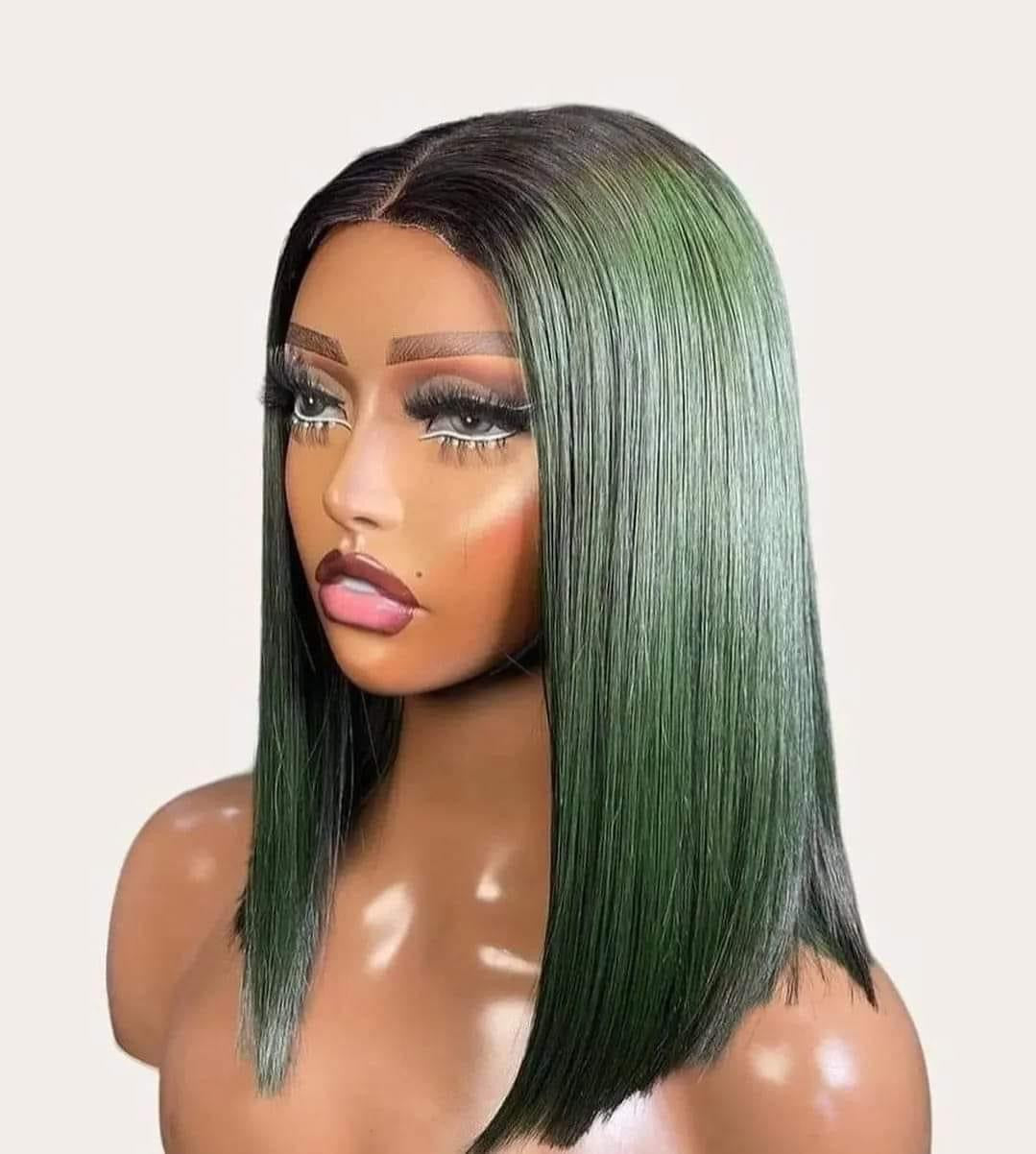 10" Envy green bone straight 2x4 Kim K closure blunt Bob Wig(Preorder)