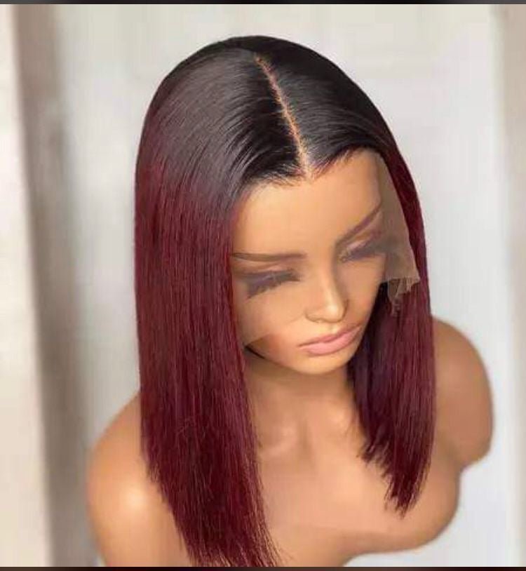 12” SINGLE DRAWN-THICK BURGUNDY FULL FRONTAL BLUNT BOB WIG