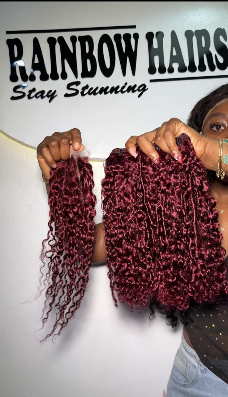 TYC7: 16” SDD VIRGIN BURGUNDY MINI CURLS + 4X4 CLOSURE