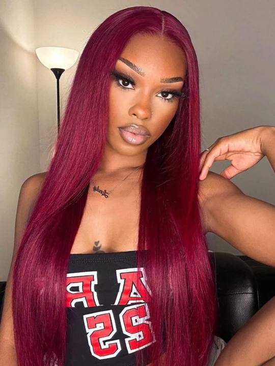 SD BURGUNDY SILKY STRAIGHT 5X5 WIG